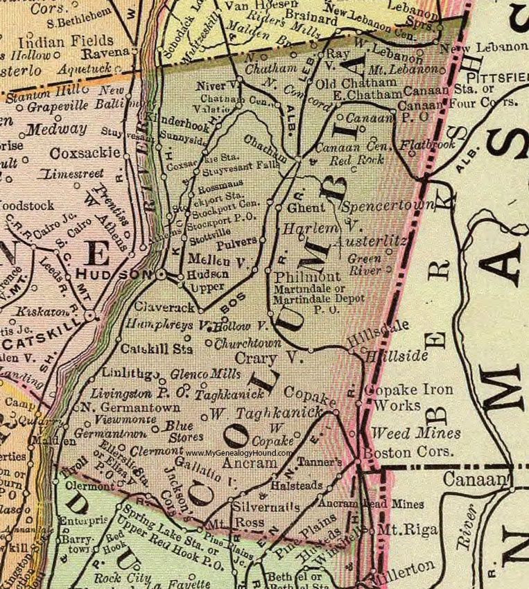Columbia County, New York 1897 Map by Rand McNally, Hudson, Philmont, Chatham, Kinderhook, Copake, Claverack, Hillsdale, Ancram, Livingston, Germantown, NY