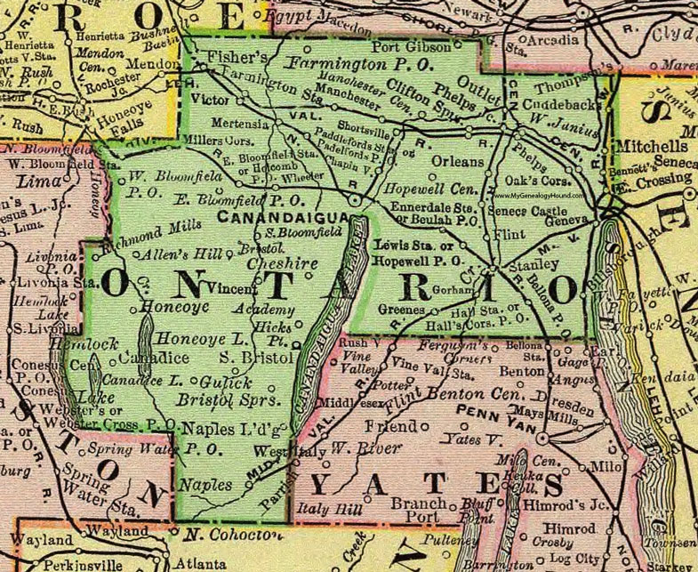 Ontario County, New York 1897 Map by Rand McNally, Canandaigua, Geneva, Clifton Springs, Victor, Shortsville, Manchester, Phelps, Gorham, Seneca Castle, Bloomfield, NY