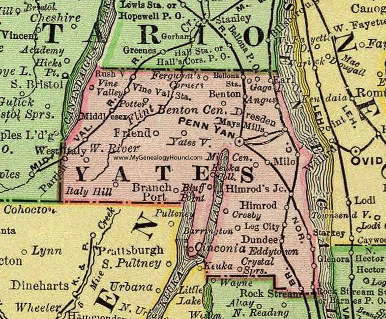 Yates County, New York 1897 Map by Rand McNally, Penn Yan, Rushville, Dundee, Branchport, Middlesex, Himrod, Rock Stream, Dresden, Bellona, Benton, Potter, NY