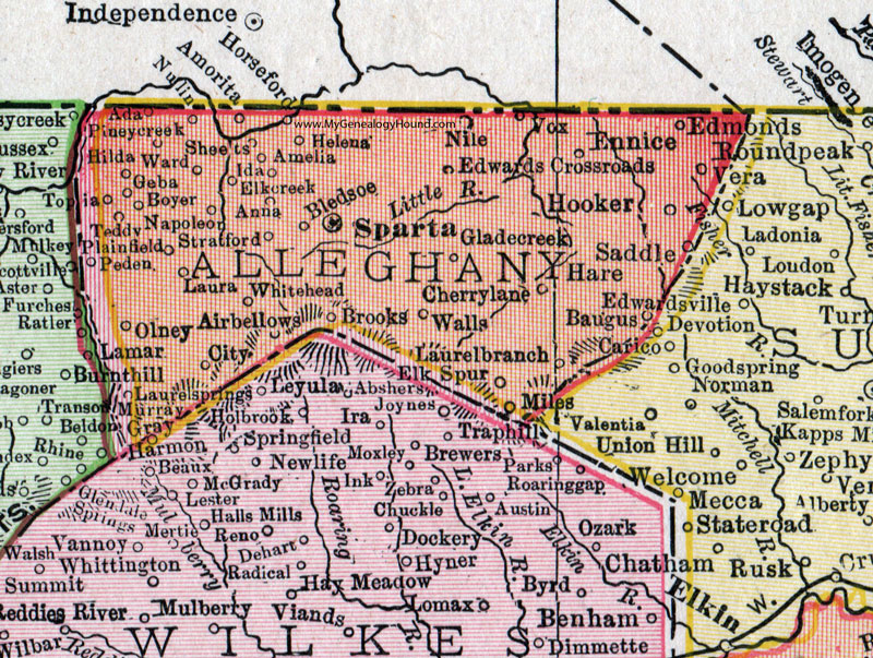 Alleghany County, North Carolina, 1911, Map, Rand McNally, Sparta, Whitehead, Piney Creek, Ennice, Laurel Springs, Hooker, Edmonds, Amelia, Topia, Peden, Boyer, Airbellows
