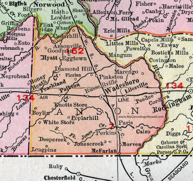 Anson County, North Carolina, 1911, Map, Rand McNally, Wadesboro, Polkton, Peachland, Morven, McFarlan, Lilesville, Ansonville, Russellville, McFarlan, Morven, Boylin, Peedee