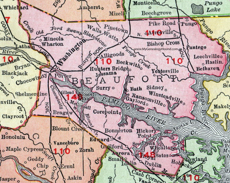 Beaufort County, North Carolina, 1911, Map, Rand McNally, Washington, Belhaven, Bath, Chocowinity, Aurora, Guilford, Edward, Blounts Creek, Pike Road, Pinetown, Pantego, Acresville