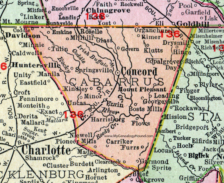 Cabarrus County, North Carolina, 1911, Map, Rand McNally, Concord, Mount Pleasant, Harrisburg, Pioneer Mills, Bosts Mills, Glass, Carriker, Kindley, Manila, Klutts, Erskine, Rimer