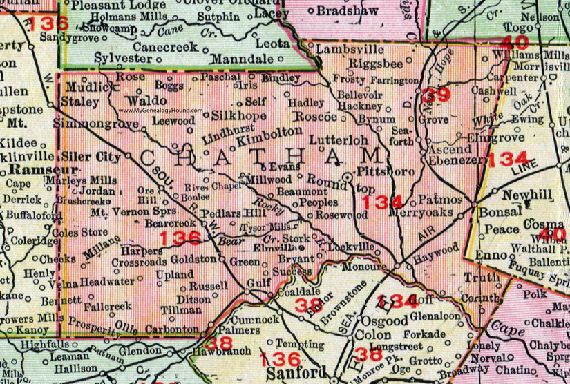 Chatham County, North Carolina, 1911, Map, Rand McNally, Pittsboro, Siler City, Moncure, Haywood, Bynum, Bonlee, Bear Creek, Goldston, Gulf, Bennett, Silk Hope, Mt. Vernon Springs, Patmos, Waldo, Ditson