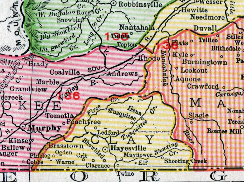 Clay County, North Carolina, 1911, Map, Rand McNally, Hayesville, Brasstown, Warne, Shooting Creek, Mayflower, Elf, Shewbird, Crit, Ogden, Ledford, Pinelog, Tusquitee, Irena
