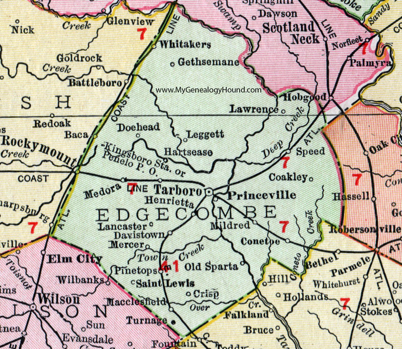 Edgecomb County, North Carolina, 1911, Map, Rand McNally, Tarboro, Rocky Mount, Pinetops, Princeville, Macclesfield, Conetoe, Leggett, Speed, Coakley, Doehead, Gethsemane, Hartsease, Crisp