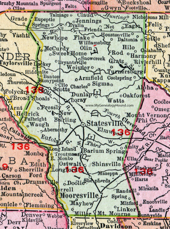 Iredell County, North Carolina, 1911, Map, Rand McNally, Statesville, Mooresville, Harmony, Turnersburg, Scotts, Troutman, Mount Mourne, Waugh, Weisner, Mazeppa, Mayhew, Barium Springs, Gratz, Eupeptic Springs