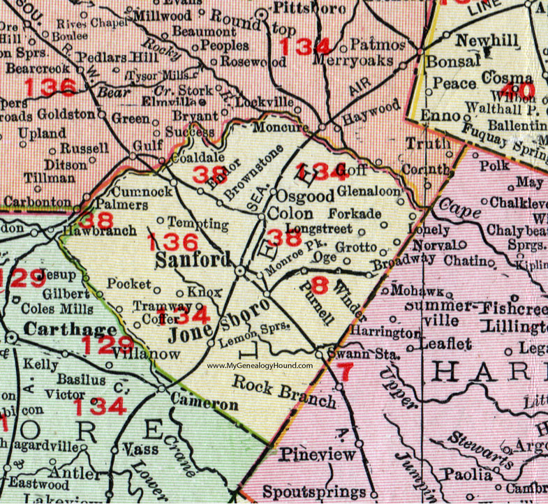 Lee County, North Carolina, 1911, Map, Rand McNally, Sanford, Jonebsboro, Tramway, Lemon Springs, Broadway, Cumnock, Colon, Endor, Coffer, Glenaloon, Purnell, Winder, Oge, Forkade, Osgood