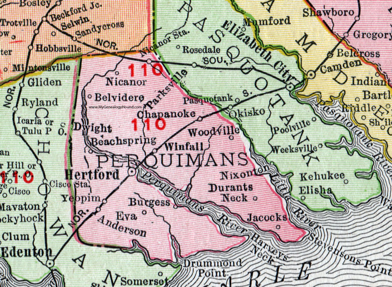 Perquimans County, North Carolina, 1911, Map, Rand McNally, Hertford, Winfall, Belvidere