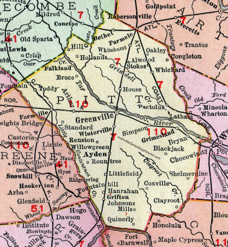 Pitt County, North Carolina, 1911, Map, Rand McNally, Greenville, Bethel, Farmville, Ayden, Winterville