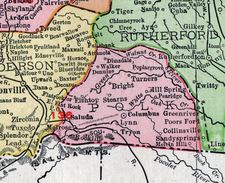 Polk County, North Carolina, 1911, Map, Rand McNally, Columbus, Saluda, Tryon, Mill Spring