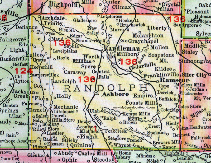 Randolph County, North Carolina, 1911, Map, Rand McNally, Asheboro, Randleman, Archdale, Ramseur, Liberty