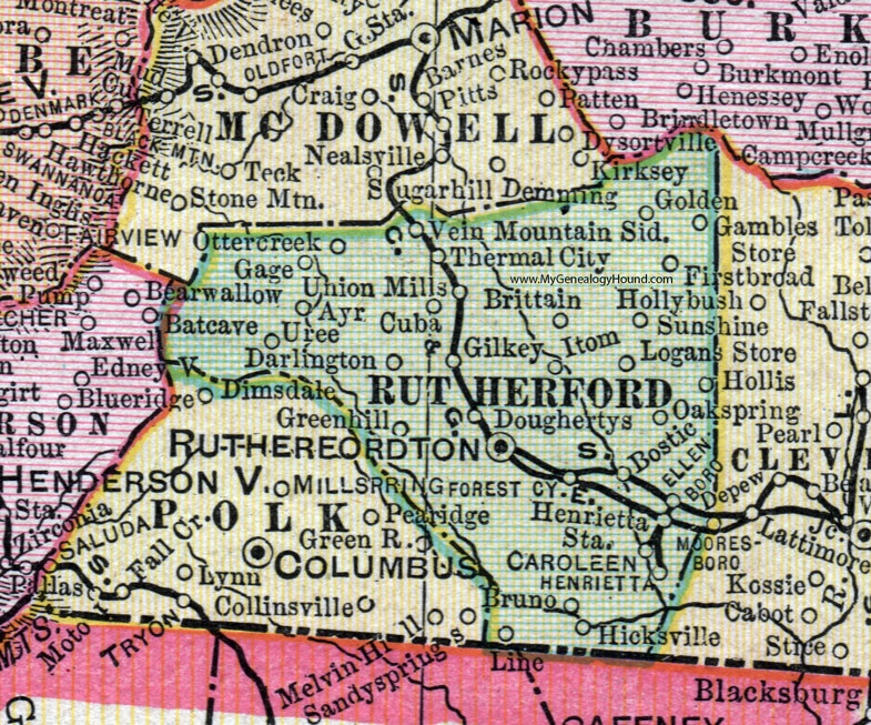 Rutherford County, North Carolina, 1907, Map, Cram, Rutherfordton, Forest City, Bostic, Ellenboro, Caroleen, Henrietta