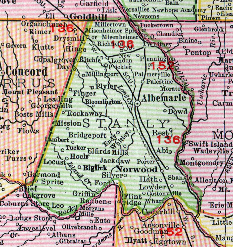 Stanly County, North Carolina, 1911, Map, Rand McNally, Albemarle, Norwood, Locust, Richfield, Misenheimer