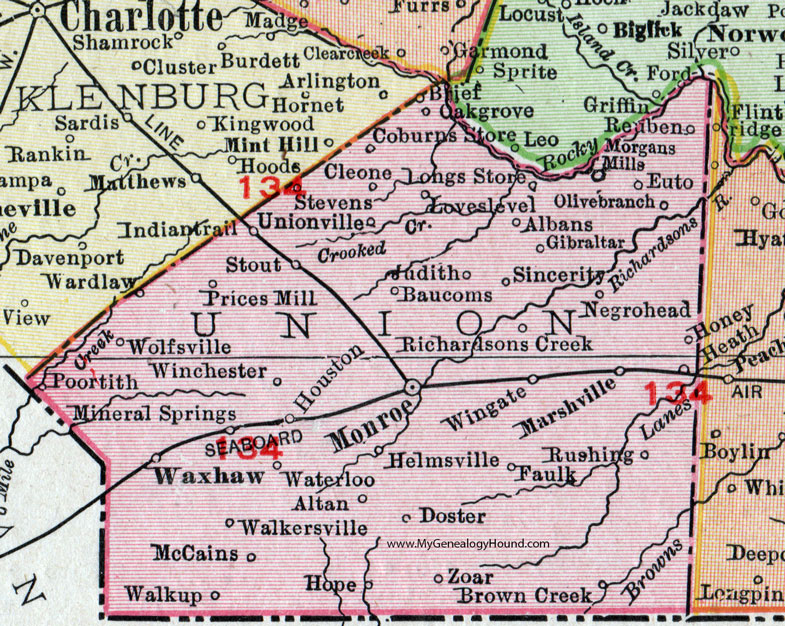 Union County, North Carolina, 1911, Map, Rand McNally, Monroe, Waxhaw, Wingate, Marshville, Mineral Springs, Doster, Zoar