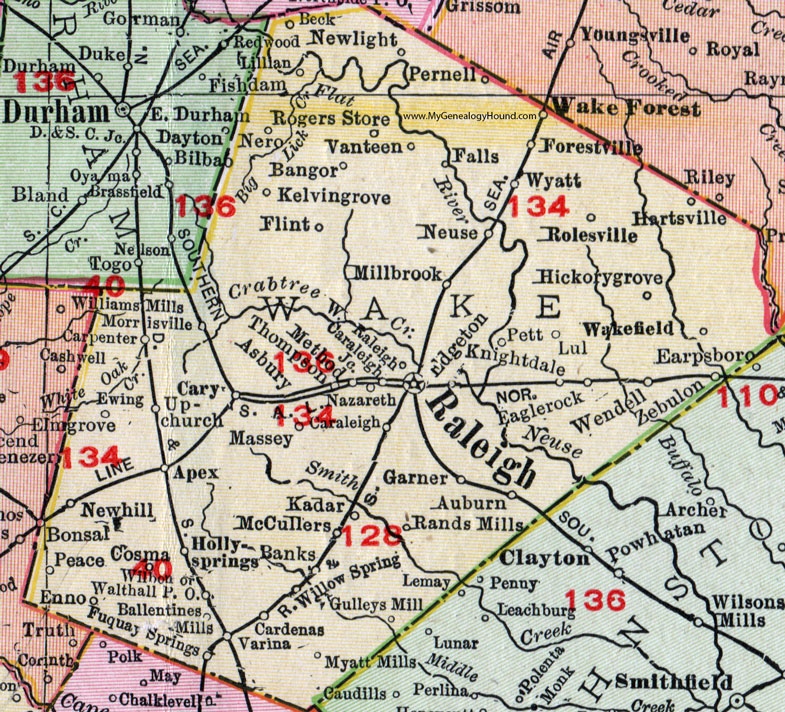 Wake County, North Carolina, 1911, Map, Rand McNally, Raleigh, Wake Forest, Garner, Wendell, Zebulon, Fuquay Springs, Morrisville, Cary, Apex, Holly Springs