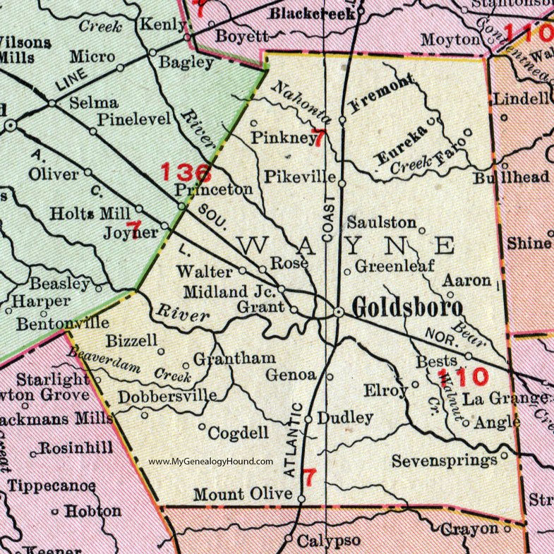 Wayne County, North Carolina, 1911, Map, Rand McNally, Goldsboro, Fremont, Mt. Olive, Pikeville, Seven Springs, Dudley