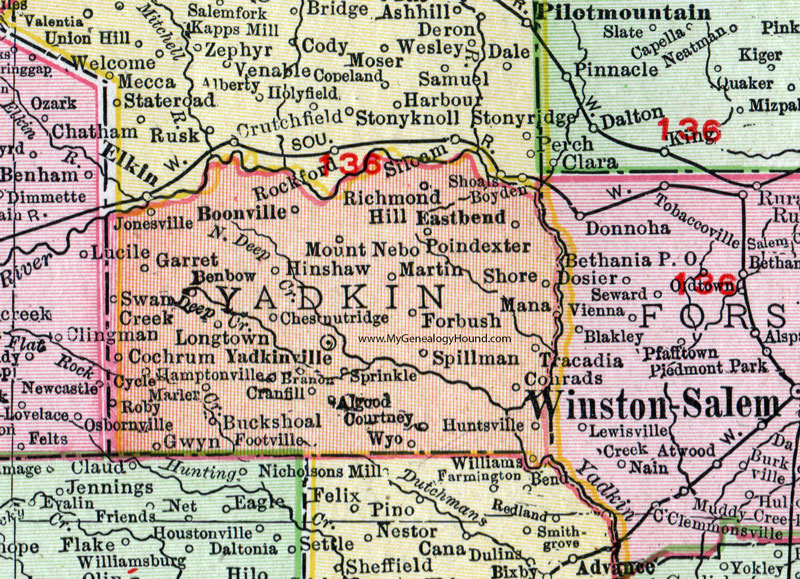 Yadkin County, North Carolina, 1911, Map, Rand McNally, Yadkinville, Jonesville, Boonville, East Bend, Hamptonville, Nebo