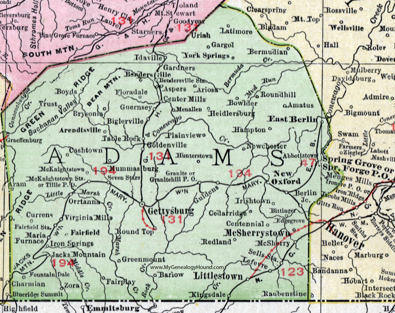 Adams County, Pennsylvania 1911 Map by Rand McNally, Gettysburg, Arendtsville, Biglerville, York Springs, East Berlin, Abbottstown, New Oxford, McSherrystown, Littlestown, Round Top, Irishtown, Barlow, Zora, PA