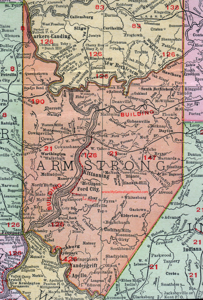 Armstrong County, Pennsylvania 1911 Map by Rand McNally, Kittanning, Ford City, Leechburg, Apollo, Freeport, Worthington, Adrian, Templeton, Cowansville, Mahoning, Putneyville, Blanco, PA