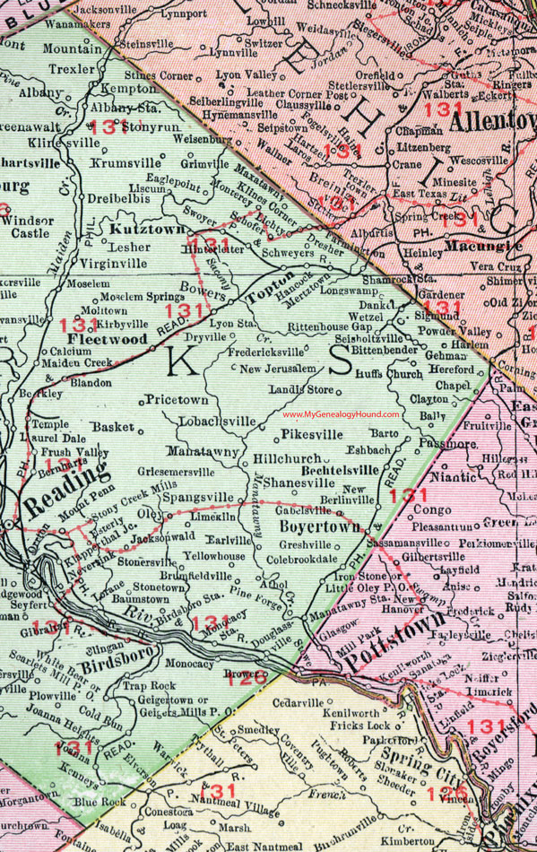 An enlarged view of eastern Berks County, Pennsylvania on an 1911 map.