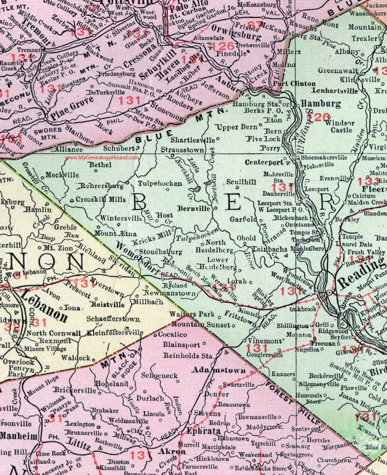 An enlarged view of western Berks County, Pennsylvania on an 1911 map.
