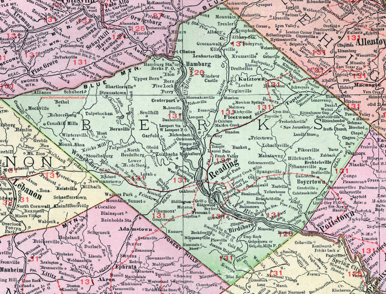 Berks County, Pennsylvania 1911 Map by Rand McNally, Reading, Kutztown, Hamburg, Birdsboro, Shoemakersville, Womelsdorf, Wernersville, Laureldale, Topton, Robesonia, PA