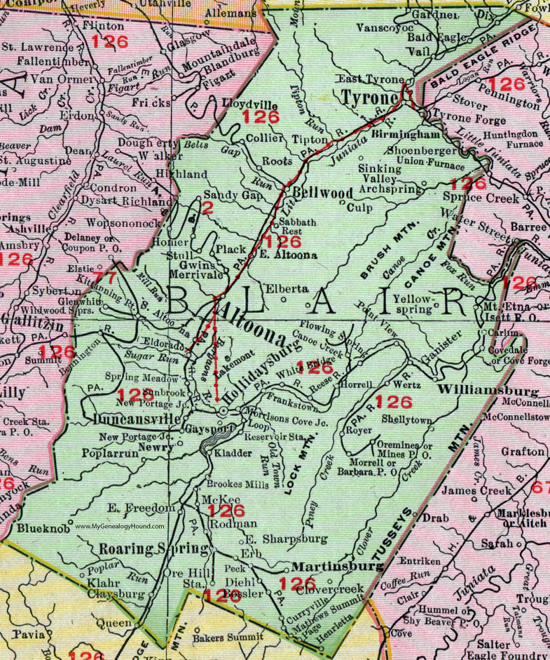 Blair County, Pennsylvania 1911 Map by Rand McNally, Hollidaysburg, Altoona, Tyrone, Williamsburg, Martinsburg, Roaring Spring, Bellwood, Newry, Gaysport, Tipton, Lakemont, East Freedom, Claysburg, PA
