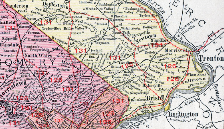 Southern Bucks County, Pennsylvania on an 1911 map by Rand McNally.