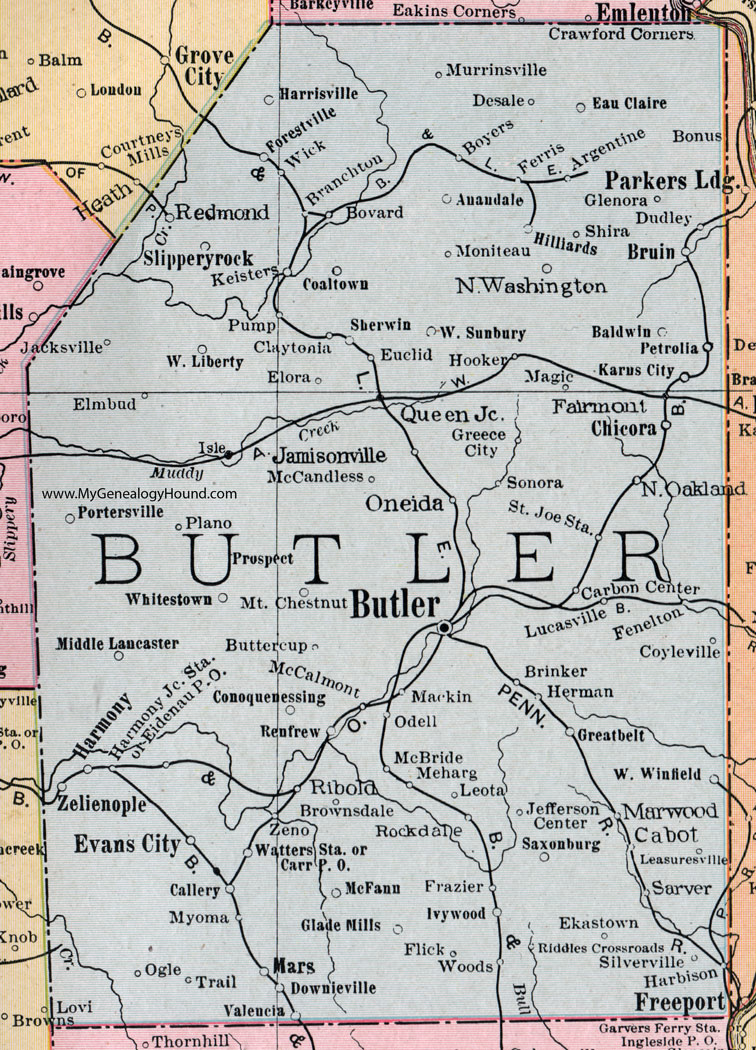 Butler County, Pennsylvania 1911 Map by Rand McNally, Oneida, Zelienople, Harmony, Saxonburg, Mars, Downieville, Chicora, Portersville, Myoma, Evans City, Slippery Rock, West Sunbury, Karns City, PA