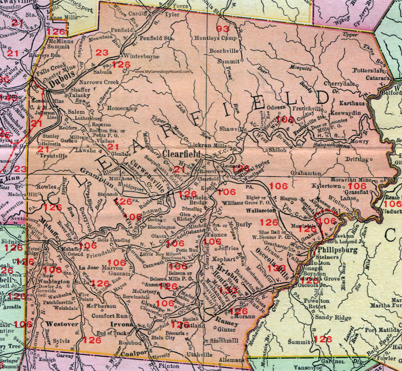 Clearfield County, Pennsylvania 1911 Map by Rand McNally, Curwensville, Dubois, Hyde, Wallaceton, Winburne, Osceola Mills, Brisbin, Houtzdale, Ramey, Burnside, Grampian, Frenchville, Karthaus, PA