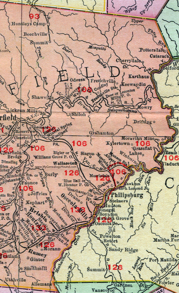 Eastern Clearfield County, Pennsylvania on an 1911 map by Rand McNally.