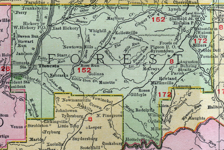 Forest County, Pennsylvania 1911 Map by Rand McNally, Tionesta, Marienville, West Hickory, Lynch, Clarington, Gilfoyle, McCrays, Muzette, Dawson Run, Truemans, Mayburg, Trunkeyville, Jamison, PA