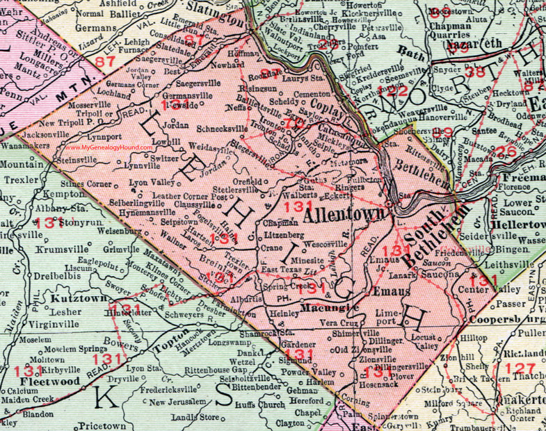 Lehigh County, Pennsylvania 1911 Map by Rand McNally, Allentown, Macungie, Slatington, Coplay, Emmaus, Alburtis, Fogelsville, Limeport, Zionsville, Orefield, Trexlertown, Fullerton, PA