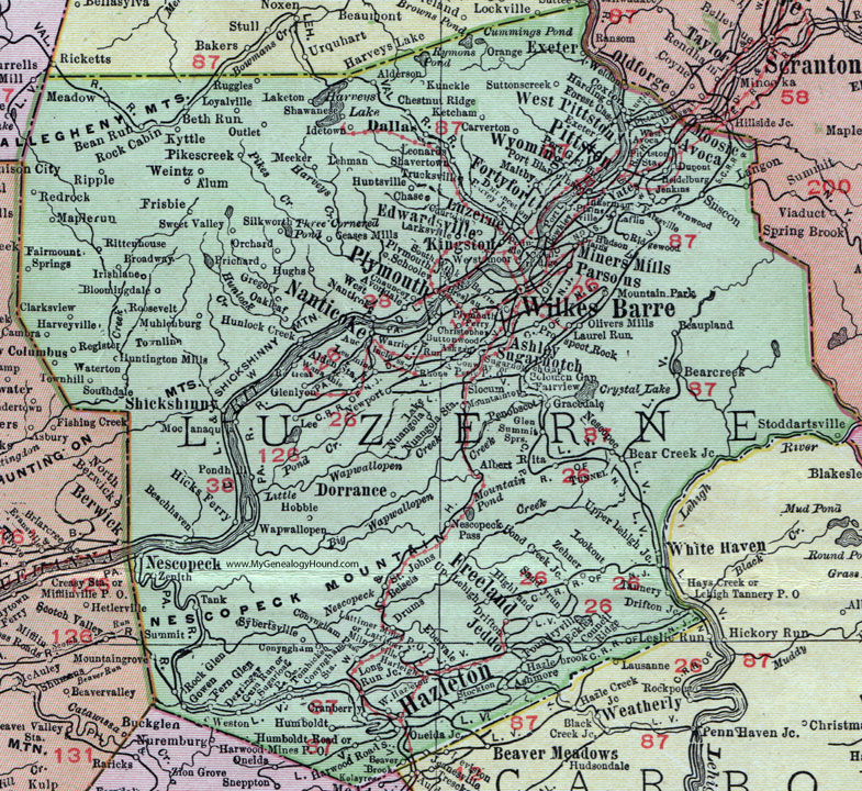 Luzerne County, Pennsylvania 1911 Map by Rand McNally, Wilkes Barre, Plymouth, Hazleton, Nanticoke, Pittston, Freeland, Fortyfort, Wyoming, Kingston, Edwardsville, Avoca, Dorrance, Freeland, Shickshinny, Nescopeck, PA