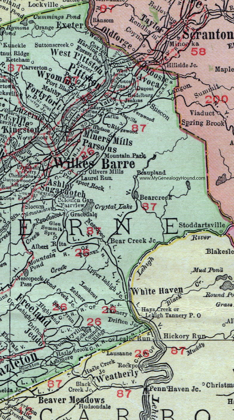 Eastern Luzerne County, Pennsylvania on an 1911 map by Rand McNally.
