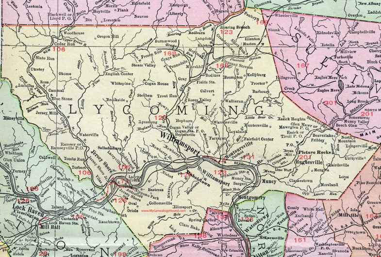 Lycoming County, Pennsylvania 1911 Map by Rand McNally, Williamsport, Montoursville, Hughesville, Montgomery, Muncy, Jersey Shore, Picture Rocks, Warrensville, Barbours, Ralston, Trout Run, Duboistown, PA