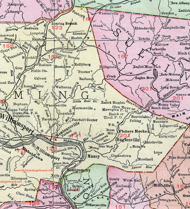 Eastern Lycoming County, Pennsylvania on an 1911 map by Rand McNally.