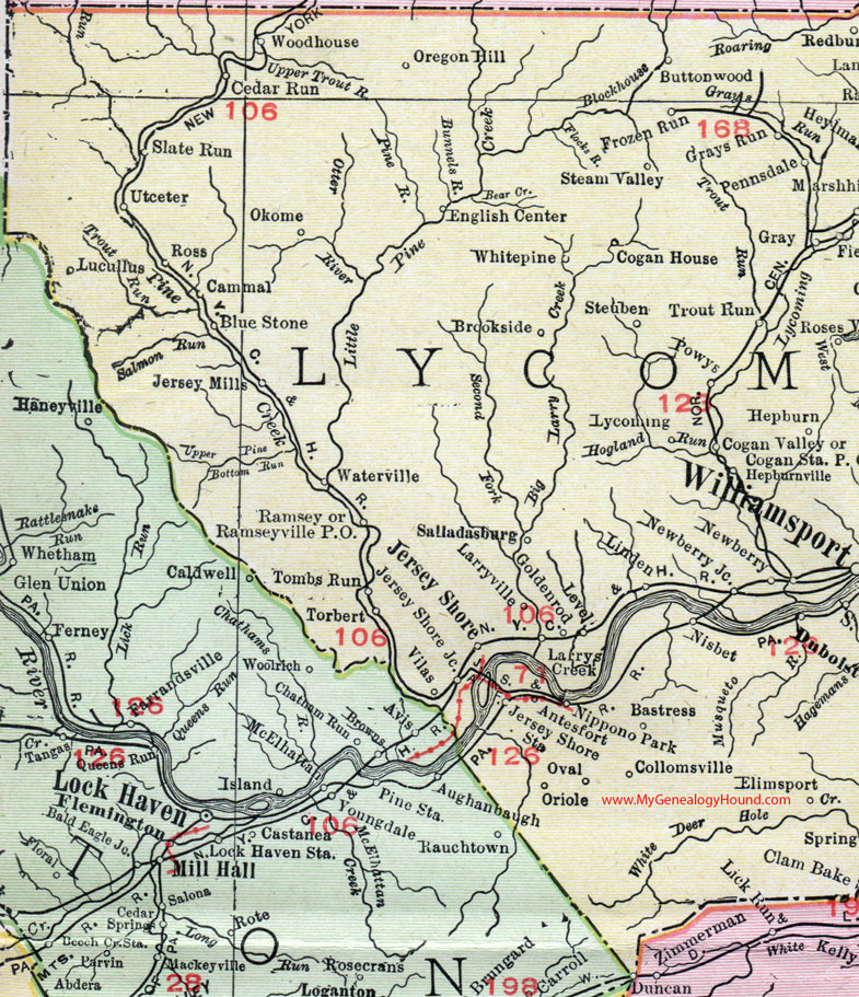 Western Lycoming County, Pennsylvania on an 1911 map by Rand McNally.