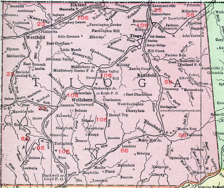 Tioga County, Pennsylvania 1911 Map by Rand McNally, Wellsboro, Mansfield, Knoxville, Westfield, Elkland, Blackwell, Osceola, Nelson, Sabinsville, Keeneyville, Middlebury Center, Cowanesque, Antrim, Morris, PA