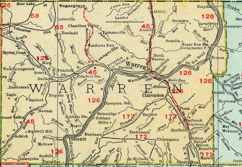 Warren County, Pennsylvania 1911 Map by Rand McNally, Youngsville, Clarendon, Tidioute, Sheffield, Sugar Grove, Columbus, Pittsfield, Grand Valley, Garland, Spring Creek, Russell, North Warren, Tiona, Chandlers Valley, PA