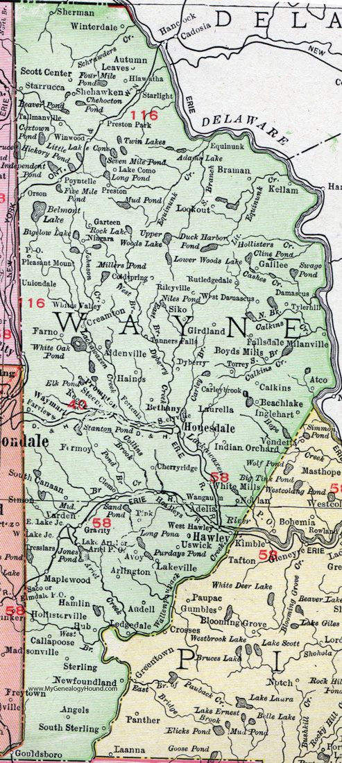 Wayne County, Pennsylvania 1911 Map by Rand McNally, Honesdale, Hawley, Equinunk, Preston Park, Lake Como, Lookout, Damascus, Tyler Hill, Prompton, Aldenville, Waymart, White Mills, South Canaan, PA