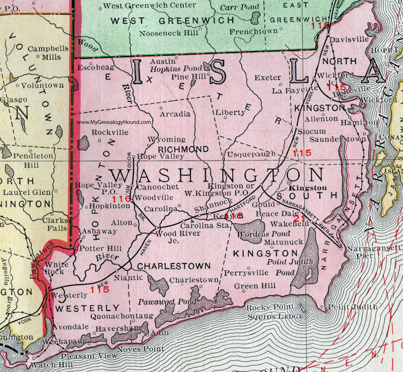 Washington County, Rhode Island, 1911, Map, Rand McNally, Kingston, Westerly, Wakefield, Peace Dale, Narragansett, Charlestown, Saunderstown, West Kingston, Wyoming, Hope Valley, Exeter
