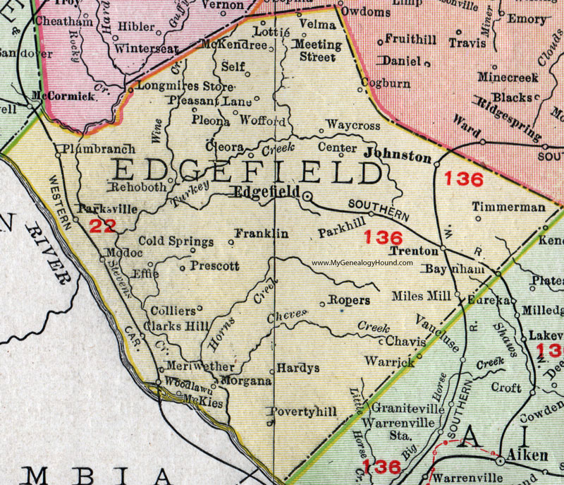 Edgefield County, South Carolina, 1911, Map, Rand McNally, Johnston, Trenton, Morgana, Colliers, Waycross, McKendree, Miles Mill, Poverty Hill, Ropers, Wofford, Rehoboth, Prescott, Modoc, McKies, Parksville