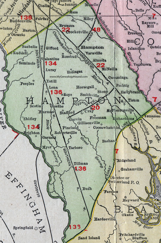 Hampton County, South Carolina, 1911, Map, Rand McNally, Hampton City, Varnville, Estill, Brunson, Furman, Crocketville, Gifford, Cummings
