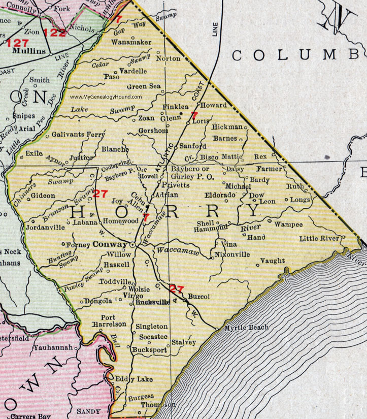 Horry County, South Carolina, 1911, Map, Rand McNally, Conway, Myrtle Beach, Bucksport, Loris, Aynor, Green Sea, Homewood