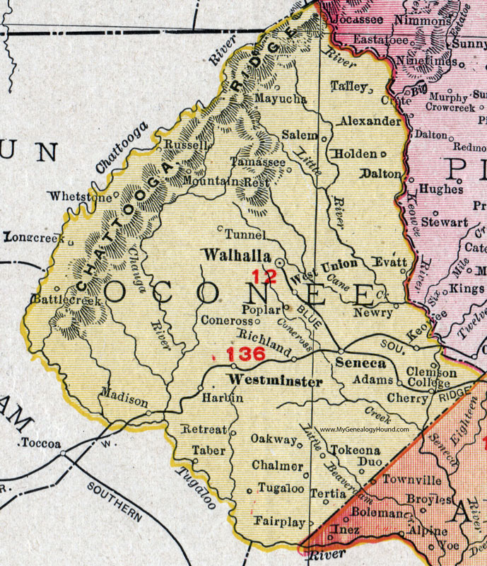 Oconee County, South Carolina, 1911, Map, Rand McNally, Walhalla, Seneca, Westminster, Salem, Tamassee, Richland, Tokeena, Oakway