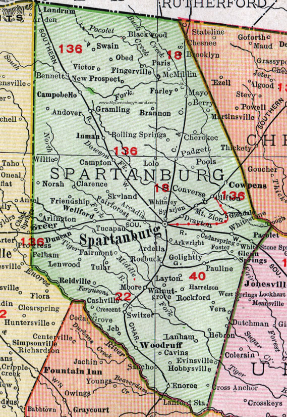 Spartanburg County, South Carolina, 1911, Map, Rand McNally, City of Spartanburg, Inman, Chesnee, Landrum, Campobello, Clifton, Pacolet, Wellford, Woodford, Enoree
