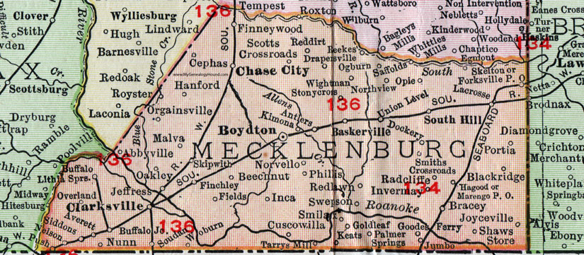 Mecklenburg County, Virginia, Map, 1911, Rand McNally, Boydton, South Hill, Chase City, Clarksville, Buffalo Junction, Baskersville, Tarrys Mill, Woburn, Soudan, Nunn, Averett, Siddons, Dockery, Smilax, Cuso Willa, Portia