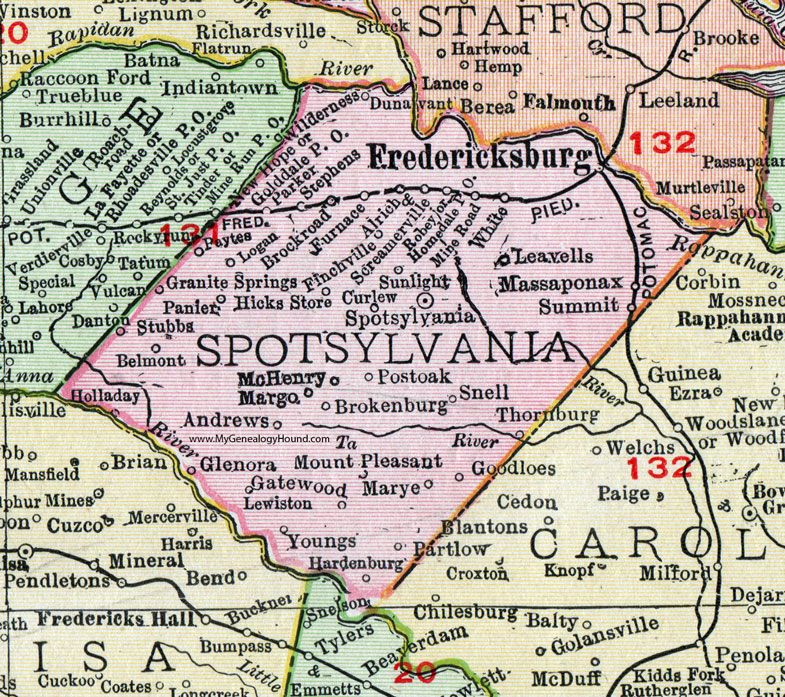 Spotsylvania County, Virginia, Map, 1911, Rand McNally, Fredericksburg, Leavells, Massaponax, Screamerville, Robey, Alrich, Brokenburg, Curlew, McHenry, Thornburg, Hardenburg, Lewiston, Glenora, Holladay, Paytes, Dunavant